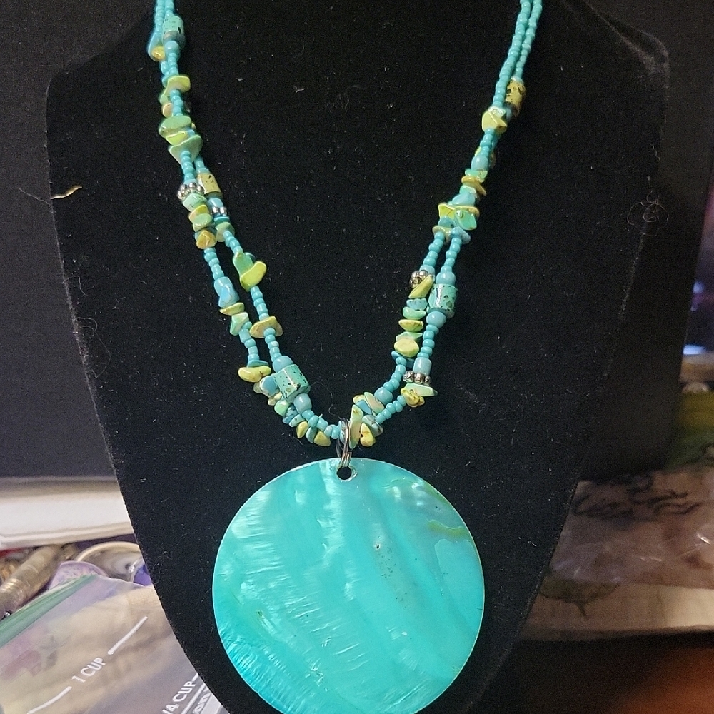 Mother Of Pearl Turquoise Dyed Beaded Necklace With Clasp & Extension Chain